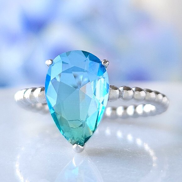 Blue and Teal Tourmaline Pear Gemstone Ring, 925 Sterling Silver Charmed - Picture 4 of 4